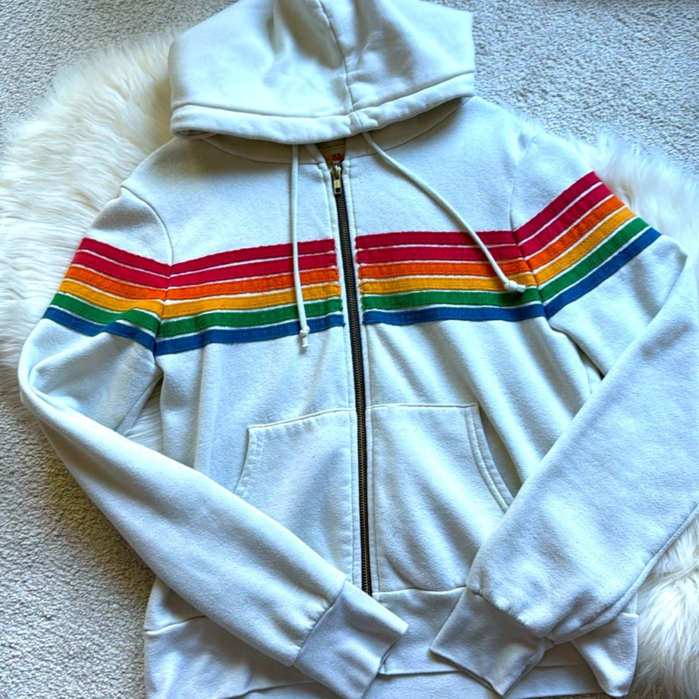 Aviator Nation 6 Stripe Hoodie Relaxed Fit Vintage White Size XS